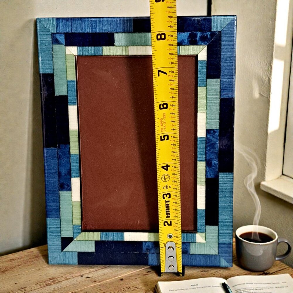 Natalini Italy Blue Wood Marquetry Inlay Frame 4x6 Geometric Mosaic Patchwork - Picture 7 of 13